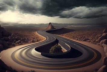 surreal road swirl in loop in wasteland, idea for obstacle and problem facing concept Generative Ai