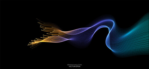 Vector abstract light lines wavy flowing dynamic in blue purple orange colors isolated on black background for concept of energy, electric, technology, digital, 5G, science, music