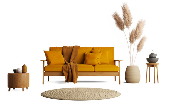 living room with yellow sofa and  dried plants