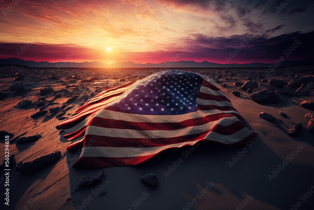 Poster an image of the american flag flying at dusk notion of american independence generative ai