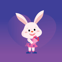 Happy Valentine's Day. Cute rabbit with rose bouquet on purple background.