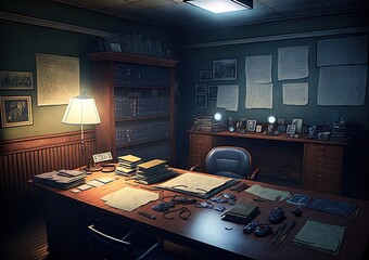 The nighttime detective's office Investigations office with desk boards and evidence board Generative AI - obrazy, fototapety, plakaty