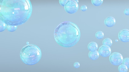 3D cosmetic rendering Bubbles of serum on a blurry background. Cosmetics miracle bubble design Transparent balls, creative bubbles, and holographic liquid droplets floating in space.
