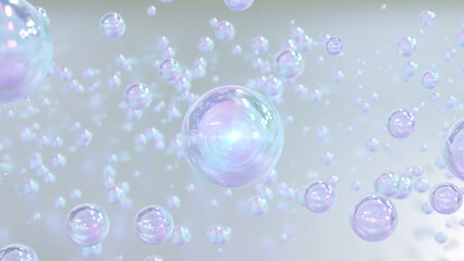 Cosmetic colorful serum bubbles against a blurry background. collagen bubbles form. Moisturizing Cream and Serum Concept. 3D rendering