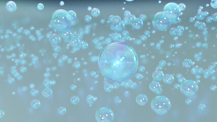 3D rendering Cosmetics Blue Serum bubbles on defocus background. Collagen bubbles Design. Moisturizing Cream and Serum Concept. Vitamin for personal care and beauty concept. 