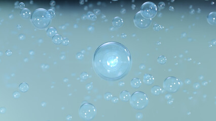 3D rendering Cosmetics Blue Bubbles of serum on a blurry background. Design of collagen bubbles. Essentials of Moisturizing and Serum Concept. Concept of vitamins for beauty and health.