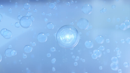 A macro shot of many water bubbles rising against a bright backdrop. 3D rendering of 6k beauty glossy bubble blobs or drips. Concept of vitamins for beauty and personal care