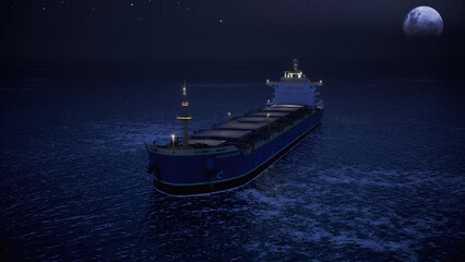 Night Cargo Ship Is Floating. Dry Cargo Ship Offshore In Open Sea. Aerial View Of Dry Cargo Ship With Full Moon