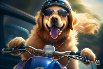 Funny dog rides a motorcycle. AI generated.