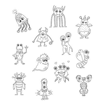 Set cute monsters doodle. Hand drawn, sketch on the white background.