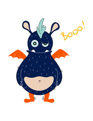 One vector colored monster with text. 
Funny and kind monster for printing with white background.