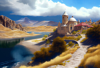 Azerbaijan landscape with mountains. Generative AI Art. Beautiful view. - obrazy, fototapety, plakaty