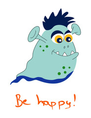 One vector colored monster with text. 
Funny and kind monster for printing with white background.