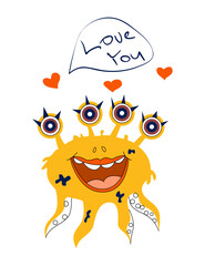 One vector colored monster with text. 
Funny and kind monster for printing with white background.