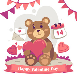 Valentine's day scene design with bear holding heart shape. Happy anniversary background