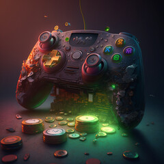 Play to earn art concept with game console, generative ai