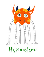 One vector colored monster with text. 
Funny and kind monster for printing with white background.