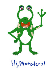 One vector colored monster with text. 
Funny and kind monster for printing with white background.