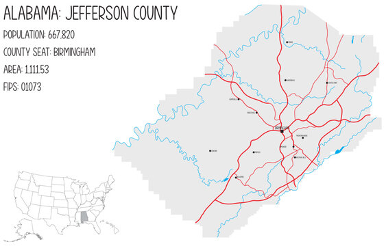 Large and detailed map of Jefferson county in Alabama, USA.
