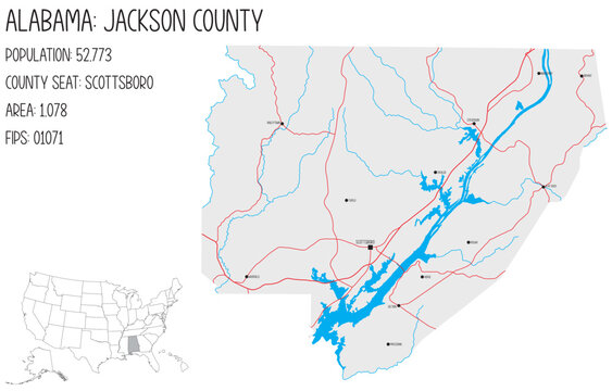 Large and detailed map of Jackson county in Alabama, USA.
