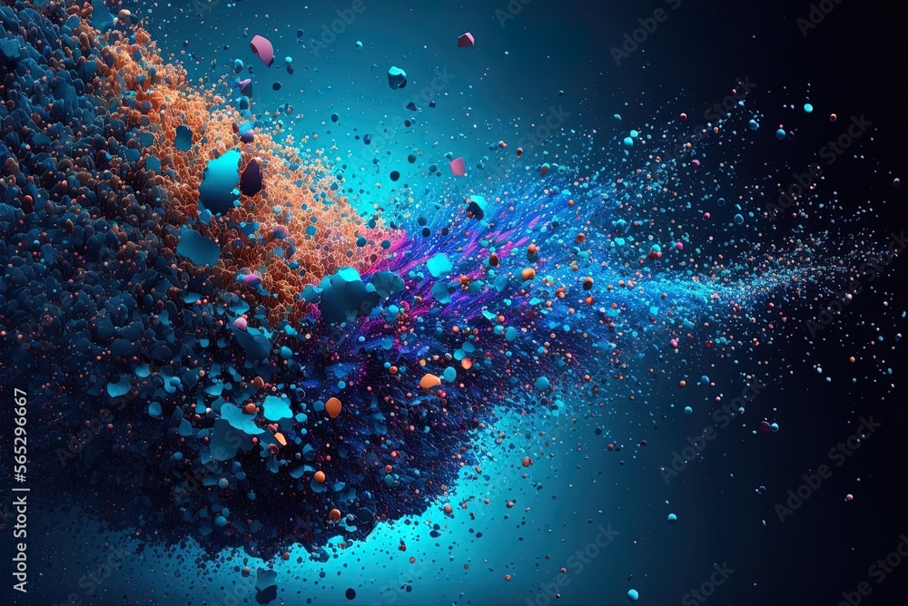 Poster abstract picture of multicolored particles in flight on a blue backdrop. generative ai