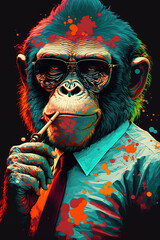 Monkey with a suit smoking cigar and wearing black sunglasses. Generative AI.