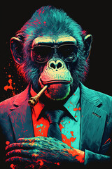 Fototapeta na wymiar Monkey with a suit smoking cigar and wearing black sunglasses. Generative AI.