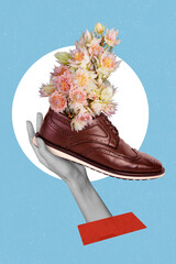 Magazine creative template collage of shop assistant hold new fabric shoes with garden bunch flower...