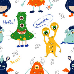 Cute hand drawn monsters. Seamless childish pattern. Creative kids texture. Perfect for wallpaper, apparel, fabric and textile.