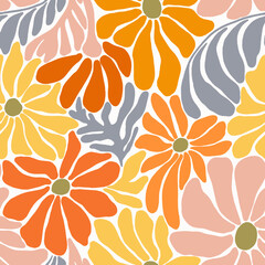 Beautiful vector old style 50s 70s retro floral seamless pattern with colorful flowers. Stock illustration.