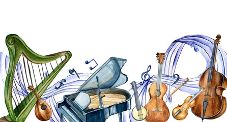 Board of classical musical instruments and note wave watercolor illustration isolated. Harp, piano, contrabass, violin hand drawn. Design element for invitation, cards, event, jazz festival, web banne © Ekaterina Lanbina
