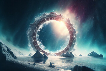 Strange Stargate Portal In A Winter Galaxy Landscape. Created with Generative AI.