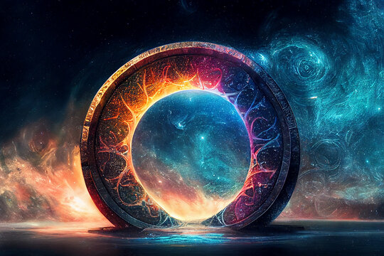 Stargate in a Glacial Landscape with a View of the Galaxy. Created with Generative AI.