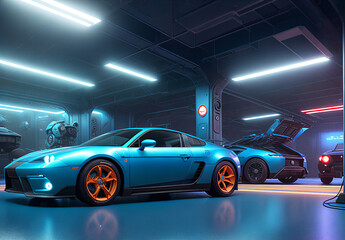 Plakat A blue car in a garage with two other cars in the background, computer graphics, photorealism. Generative AI.