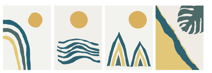 Collection of modern simple abstract landscapes (drawn by hand): mountains, sea, sun, monstera leaf and colored geometric shapes on a white background