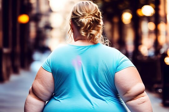 Back of chubby woman walking down the streets, bokeh shot