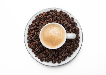 Espresso coffee in small cup and fresh raw beans on saucer on white background