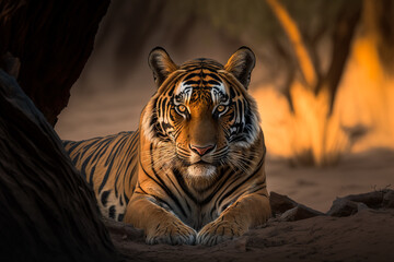 Fototapeta premium Portrait of a wild tiger in natural habitat, generative ai