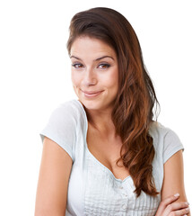 Fototapeta premium Close up of a gorgeous young woman smiling with her arms folded Isolated on a PNG background.