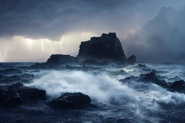 Naklejka na ściany i meble Rocks in the sea in a heavy Thunderstorm and splashing waves