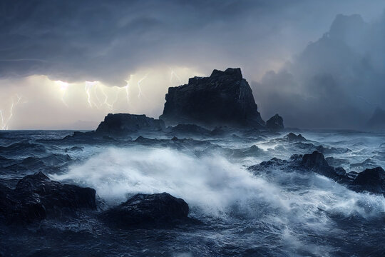 Rocks in the sea in a heavy Thunderstorm and splashing waves