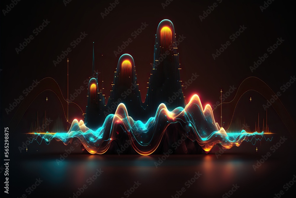 Poster Abstract Sound waves. Frequency audio waveform, music wave HUD interface elements, voice graph signal cyberpunk, Generative ai