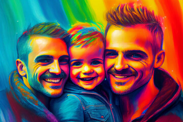 Happy homosexual family, two men and a baby, loving gay couple with child, ai illustration