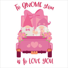 Sweet Valentine Gnome in pink with flowers collection, Valentine cartoon flat vector, valentine clipart set. Vector illustration