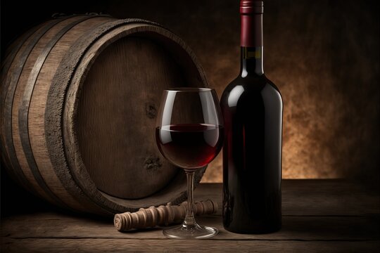 Bottle Of Red Wine With Glass And Barrel Generative AI