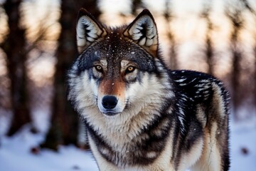 Photo of majestic wolf in a winter landscape looking at the camera