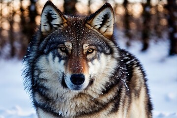 Naklejka na ściany i meble Photo of majestic wolf in a winter landscape looking at the camera