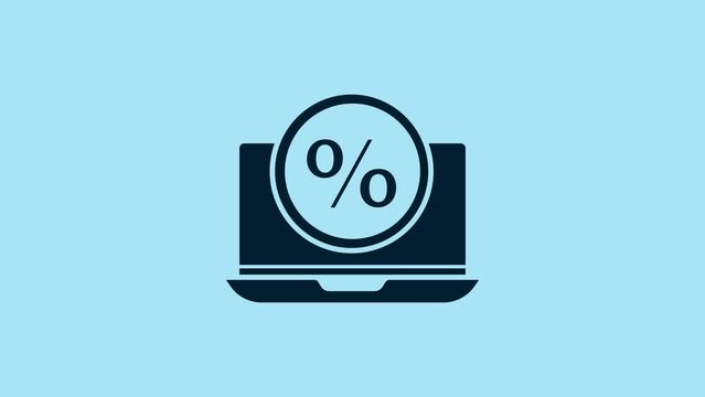 Blue Percent symbol discount and laptop icon isolated on blue background. Sale percentage - price label, tag. 4K Video motion graphic animation