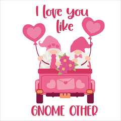 Sweet Valentine Gnome in pink with flowers collection, Valentine cartoon flat vector, valentine clipart set. Vector illustration