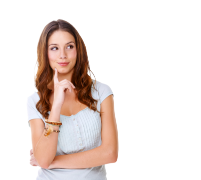 Portrait of a young woman thinking with her finger on her chin Isolated on a PNG background. - Powered by Adobe